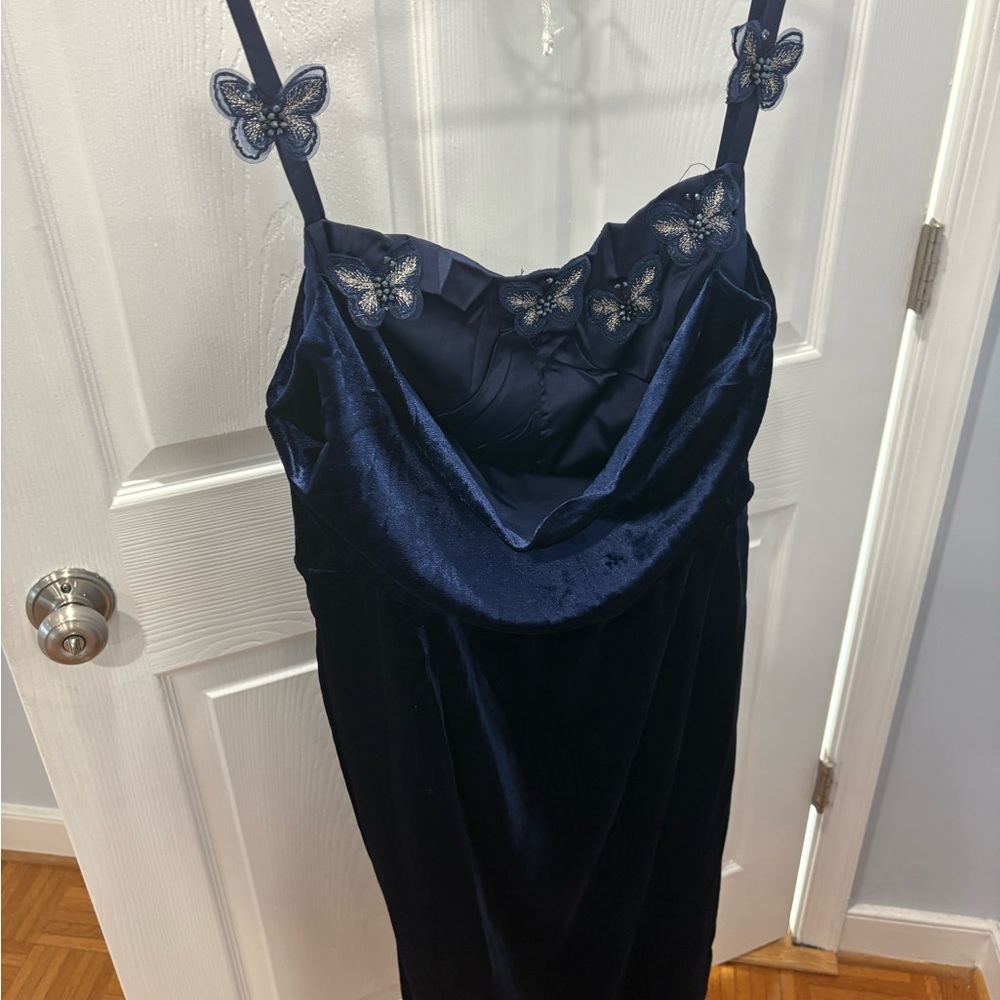 Retro Stage Blue 1960s 3D Butterfly Velvet Pencil Dress Navy Bodycon Midi Large